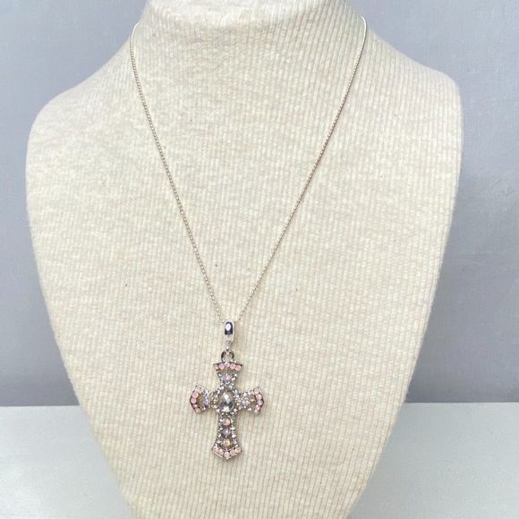 Cross Pendant Opalescent And  Clear Rhinestones Pave Silver Tone Ball Chain - Picture 1 of 10